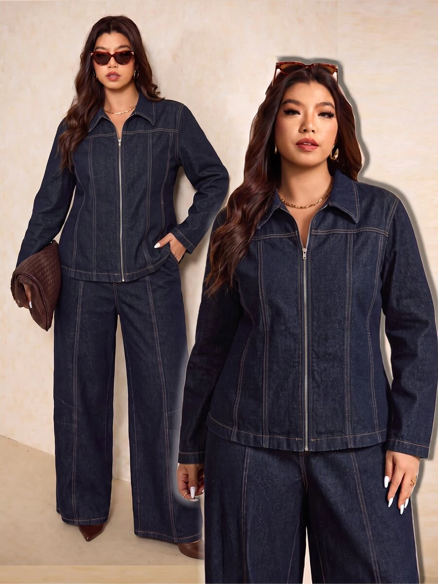 Elaquor Plus Size Women's Long Sleeve Zipper Front Shirt And Long Pants Denim Two Pieces Set Fall Clothes For Women - Dark Wash - View 1