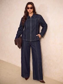 Elaquor Plus Size Women's Long Sleeve Zipper Front Shirt And Long Pants Denim Two Pieces Set Fall Clothes For Women - Dark Wash - View 3