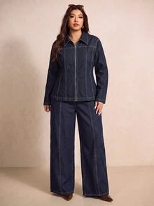 Elaquor Plus Size Women's Long Sleeve Zipper Front Shirt And Long Pants Denim Two Pieces Set Fall Clothes For Women - Dark Wash - View 6