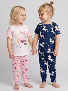 SHEIN Young Girl Casual Minimalist Snug Fit Comfortable Crew Neck Short Sleeve Long Pants Loungewear Set, 4-Piece, Suitable For Spring/Summer - Multicolor - View 1