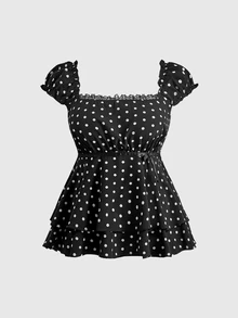 ROMWE Kawaii Sweet Vintage Plus Size Women Polka Dot Blouse Square Neck Petal Sleeve Ruffle Hem Loose Fit Slimming Casual Wear - Black - View 1