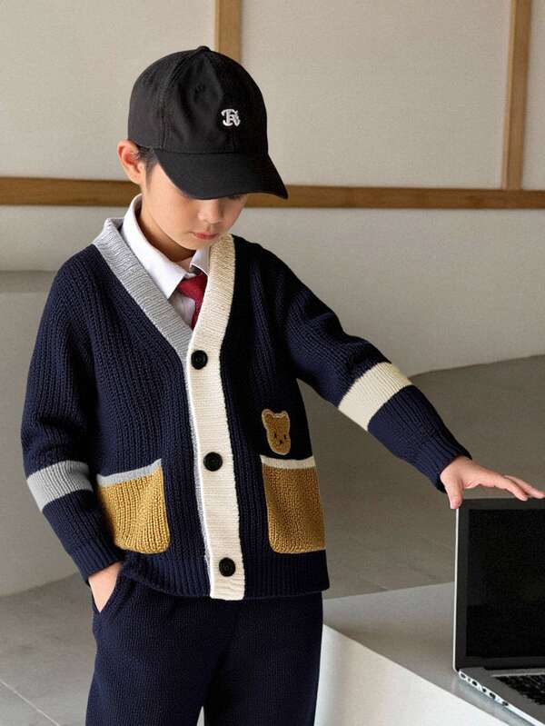 Kids Young Boy Bear Design Long Sleeve Cardigan Autumn Winter Sweater,Career Day,Back-To-School