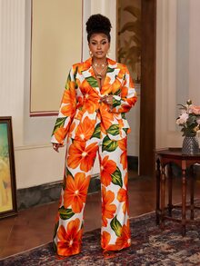 Maweii Plus Size Women Floral Print Professional Commuting Formal Elegant Suit Set, 2 Pieces Fall - Multicolor - View 4