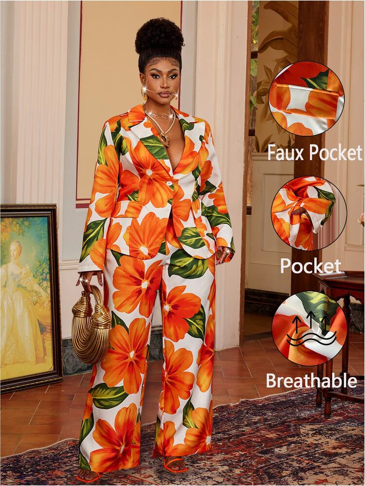 Maweii Plus Size Women Floral Print Professional Commuting Formal Elegant Suit Set, 2 Pieces Fall - Multicolor - View 1