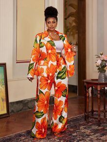 Maweii Plus Size Women Floral Print Professional Commuting Formal Elegant Suit Set, 2 Pieces Fall - Multicolor - View 6
