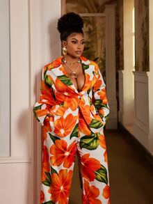 Maweii Plus Size Women Floral Print Professional Commuting Formal Elegant Suit Set, 2 Pieces Fall - Multicolor - View 2