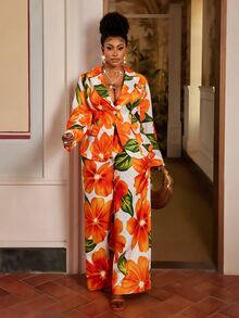 Maweii Plus Size Women Floral Print Professional Commuting Formal Elegant Suit Set, 2 Pieces Fall - Multicolor - View 5