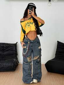 Coolane Women's Summer Brazil Rave Festival Streetwear Y2K Going Out Sportswear Brazil Graphics Patchwork Crop Tees Yellow - Yellow - View 2