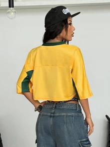 Coolane Women's Summer Brazil Rave Festival Streetwear Y2K Going Out Sportswear Brazil Graphics Patchwork Crop Tees Yellow - Yellow - View 6
