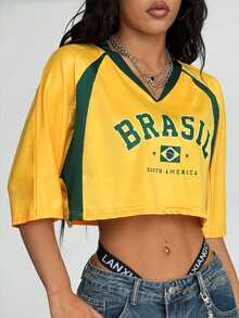 Coolane Women's Summer Brazil Rave Festival Streetwear Y2K Going Out Sportswear Brazil Graphics Patchwork Crop Tees Yellow - Yellow - View 5
