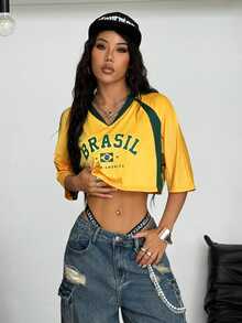 Coolane Women's Summer Brazil Rave Festival Streetwear Y2K Going Out Sportswear Brazil Graphics Patchwork Crop Tees Yellow - Yellow - View 4
