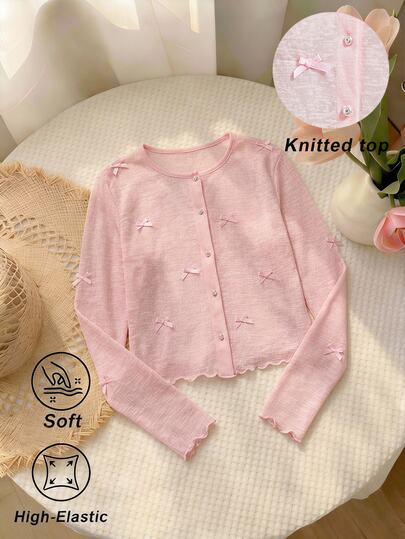 SHEIN MOD Cardigan Crop Rajut Tipis Elegan untuk Wanita dengan Pita Lucu dan Trim Bergelombang, Atasan Lengan Panjang, Cardigan Tipis untuk Wanita, Gaya Busana Musim Gugur