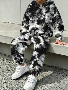 (1套) 秋冬男嬰休閒時尚極簡黑灰色紮染圖案連帽衛衣與運動長褲 - 彩色 - 查看 7