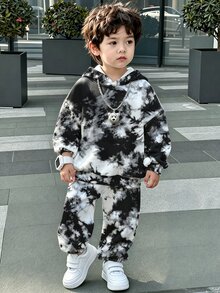 (1套) 秋冬男嬰休閒時尚極簡黑灰色紮染圖案連帽衛衣與運動長褲 - 彩色 - 查看 8