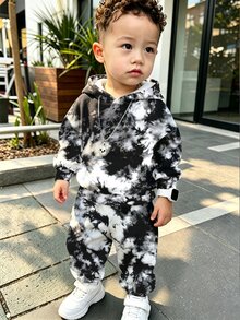 (1套) 秋冬男嬰休閒時尚極簡黑灰色紮染圖案連帽衛衣與運動長褲 - 彩色 - 查看 1