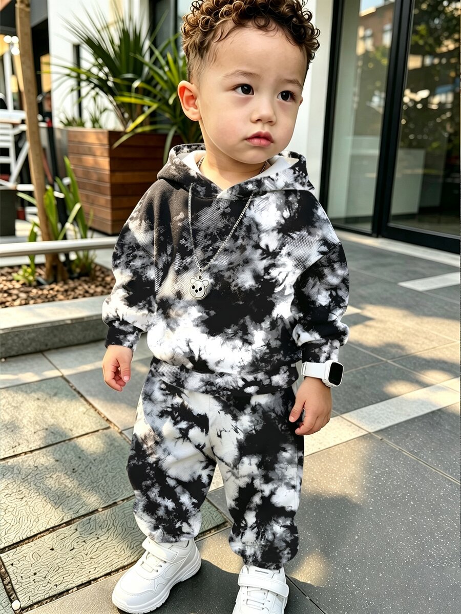 (1套) 秋冬男嬰休閒時尚極簡黑灰色紮染圖案連帽衛衣與運動長褲 - 彩色 - 查看 1