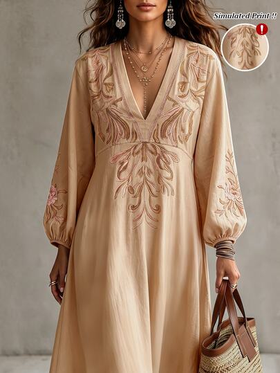 Balvessa V-Neck Vintage Bohemian Romantic Floral Print Petal Sleeve Long Dress For Women Vacation Beige Autumn