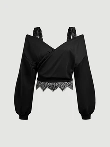 SHEIN MOD 時尚大尺碼黑色蕾絲露肩長袖上衣，黑色露肩套頭運動衫，萬聖節服裝，節慶上衣，演唱會穿搭 - 黑色 - 查看 3