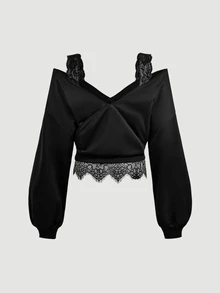 SHEIN MOD 時尚大尺碼黑色蕾絲露肩長袖上衣，黑色露肩套頭運動衫，萬聖節服裝，節慶上衣，演唱會穿搭 - 黑色 - 查看 2