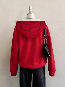 SHEIN EZwear 女款休閒街頭前開襟連帽衛衣，蜘蛛圖案，秋季服飾，校園，紅色，萬聖節裝扮日常紅白格紋 - 彩色 - 查看 4