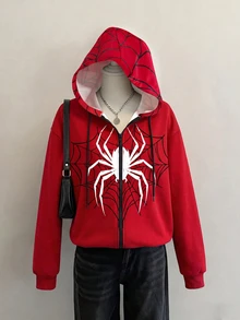 SHEIN EZwear 女款休閒街頭前開襟連帽衛衣，蜘蛛圖案，秋季服飾，校園，紅色，萬聖節裝扮日常紅白格紋 - 彩色 - 查看 5
