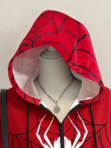 SHEIN EZwear 女款休閒街頭前開襟連帽衛衣，蜘蛛圖案，秋季服飾，校園，紅色，萬聖節裝扮日常紅白格紋 - 彩色 - 查看 9