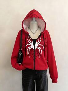 SHEIN EZwear 女款休閒街頭前開襟連帽衛衣，蜘蛛圖案，秋季服飾，校園，紅色，萬聖節裝扮日常紅白格紋 - 彩色 - 查看 3
