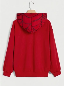 SHEIN EZwear 女款休閒街頭前開襟連帽衛衣，蜘蛛圖案，秋季服飾，校園，紅色，萬聖節裝扮日常紅白格紋 - 彩色 - 查看 2