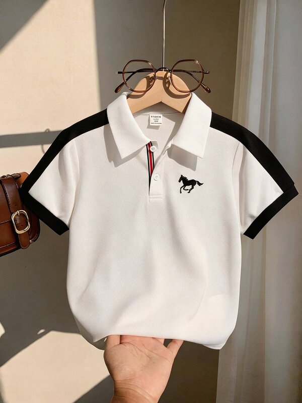 SHEIN 男童休闲撞色拼接罗纹领短袖Polo衫，基础款上衣，白色Polo衫，Y2K风格上衣，适合春夏穿着，适合外出、情人节、约会、旅行、度假、家庭聚会、返校、婚礼、正式场合、运动、派对等场合。