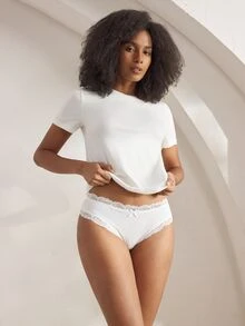 Ocili 5pcs/Pack Chic Autumn Leisure Basic Solid Color Soft 100% Cotton Lace Trim Low Waist Women's Briefs - White - View 2