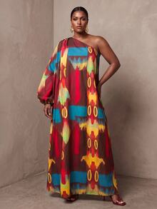 Veslaya Plus Allover Print One Shoulder Lantern Sleeve Dress Fall - Multicolor - View 3