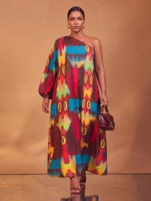 Veslaya Plus Allover Print One Shoulder Lantern Sleeve Dress Fall - Multicolor - View 4