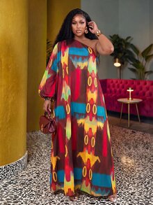 Veslaya Plus Allover Print One Shoulder Lantern Sleeve Dress Fall - Multicolor - View 7