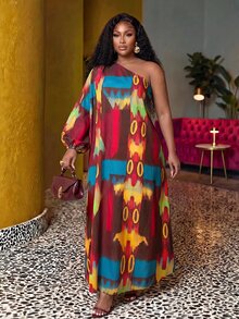 Veslaya Plus Allover Print One Shoulder Lantern Sleeve Dress Fall - Multicolor - View 5