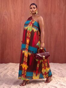 Veslaya Plus Allover Print One Shoulder Lantern Sleeve Dress Fall - Multicolor - View 6