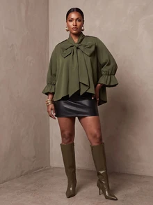 Veslaya 2026 Spring/Summer Women's Plus Size New Bold, Classy Feminine Style Tummy Control Fit Breathable Elegant Romantic Classic Army Green Bow Five-Point Sleeve Blouse - Army Green - View 5