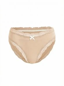 Ocili 5pcs/Pack Chic Autumn Leisure Basic Solid Color Soft 100% Cotton Panties, Low Waist Lace Trim Women's Briefs - Khaki - View 3