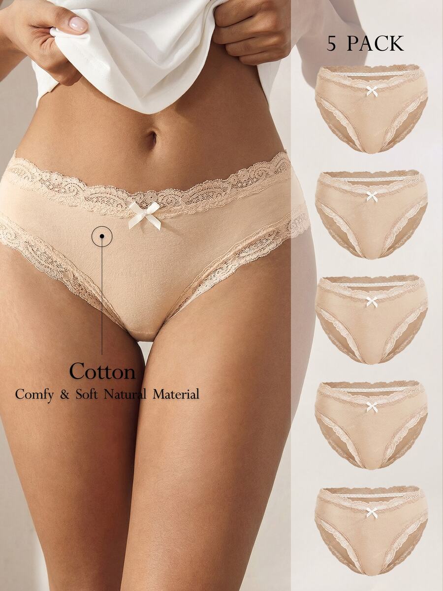 Ocili 5pcs/Pack Chic Autumn Leisure Basic Solid Color Soft 100% Cotton Panties, Low Waist Lace Trim Women's Briefs - Khaki - View 1