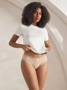 Ocili 5pcs/Pack Chic Autumn Leisure Basic Solid Color Soft 100% Cotton Panties, Low Waist Lace Trim Women's Briefs - Khaki - View 2