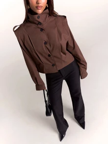 SHEIN BAE 女款立領鈕扣長袖純色風衣 - 卡其色 - 查看 6