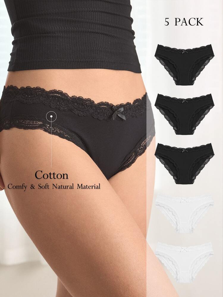 Ocili Leisure Basic Color Series Brown Tone 100% Pure Cotton Comfortable Minimalist Casual Soft Ice Porcelain Cotton ChicAutumn 5-Pack Bulk Low Waist Lace Women's Triangle Panties - Black and White - View 1