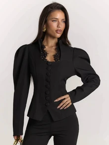 SHEIN BAE Elegant Commuter Lace Patchwork Petal Sleeve Blazer - Black - View 8