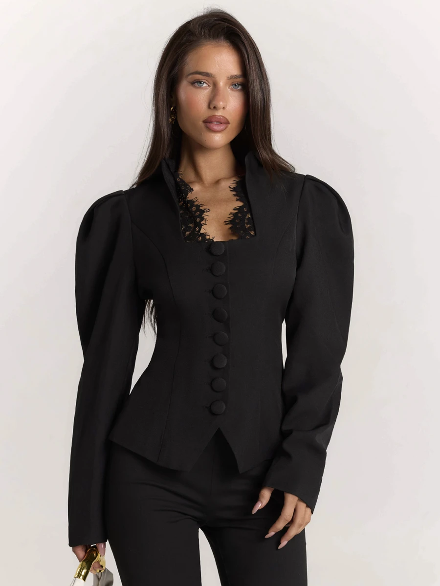 SHEIN BAE Elegant Commuter Lace Patchwork Petal Sleeve Blazer - Black - View 1