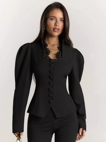 SHEIN BAE Elegant Commuter Lace Patchwork Petal Sleeve Blazer - Black - View 5