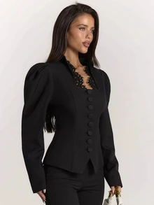 SHEIN BAE Elegant Commuter Lace Patchwork Petal Sleeve Blazer - Black - View 6