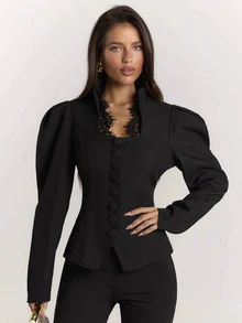 SHEIN BAE Elegant Commuter Lace Patchwork Petal Sleeve Blazer - Black - View 3