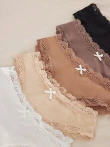 Ocili 5pcs/Pack Chic Autumn Leisure Basic Solid Color Soft Cotton Lace Trim Low Waist Women's Briefs Panties For Women Lace Contrast Lace Women Briefs - Multicolor - View 7