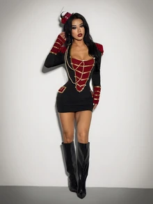 SHEIN ICON Autumn Women's Halloween Cosplay Nutcracker Soldier Goth Going Out Black And Red Designer Tassel Button Ribbon Dress For Costume Play - Black - View 8