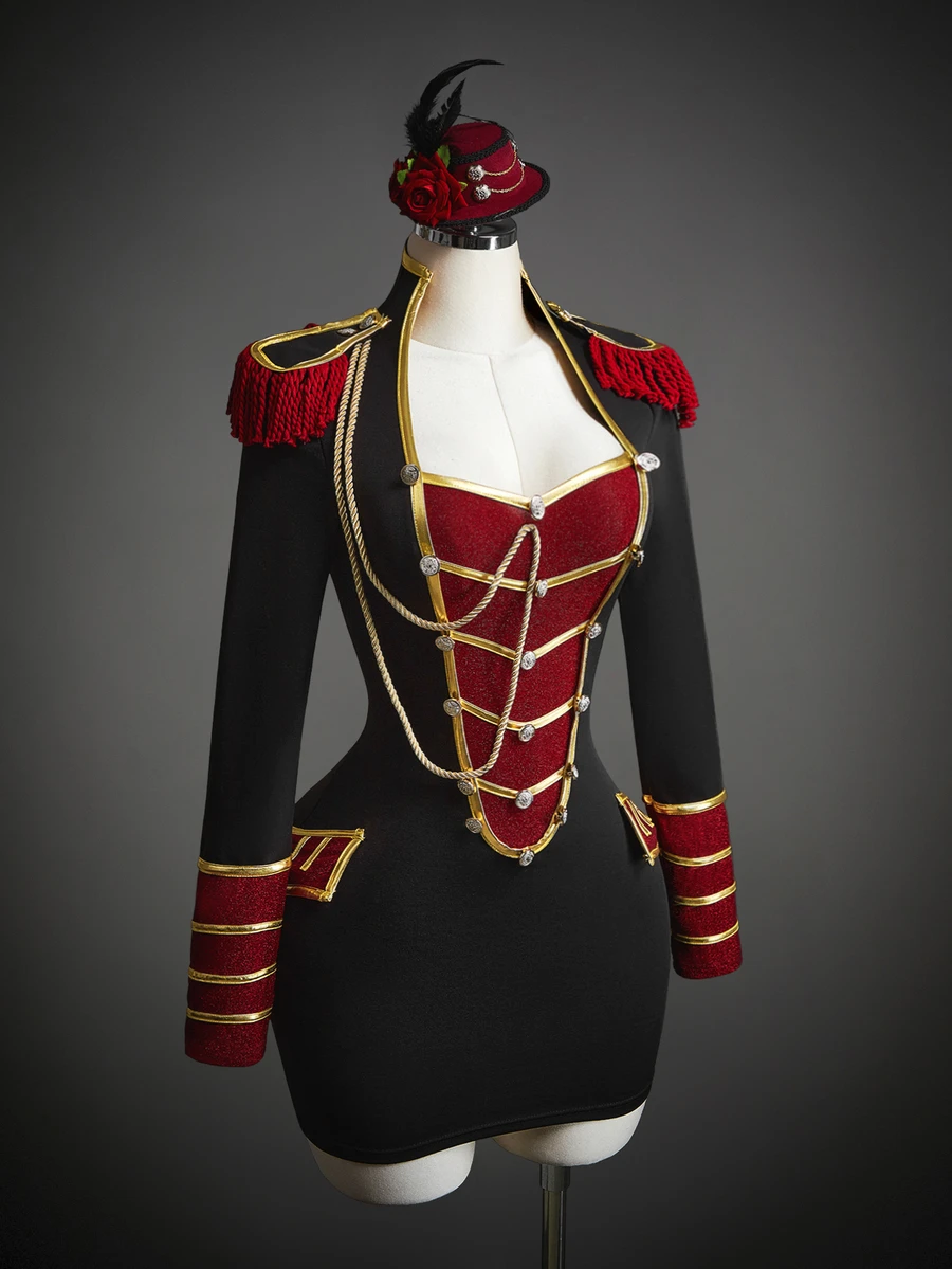 SHEIN ICON Autumn Women's Halloween Cosplay Nutcracker Soldier Goth Going Out Black And Red Designer Tassel Button Ribbon Dress For Costume Play - Black - View 1
