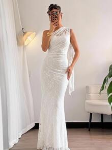 Firerie 女款夏季優雅浪漫時尚通勤性感風不對稱領修身長洋裝，適合派對、晚餐、正式場合、婚禮，白色婚紗 - 白色 - 查看 9